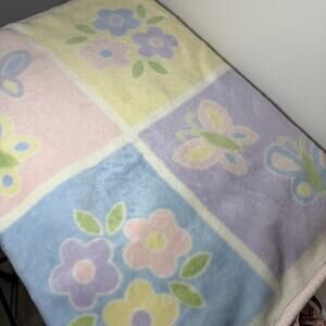 HTF Kidsline Floral Butterflies Girl Baby Blanket Pink Edge Color Block